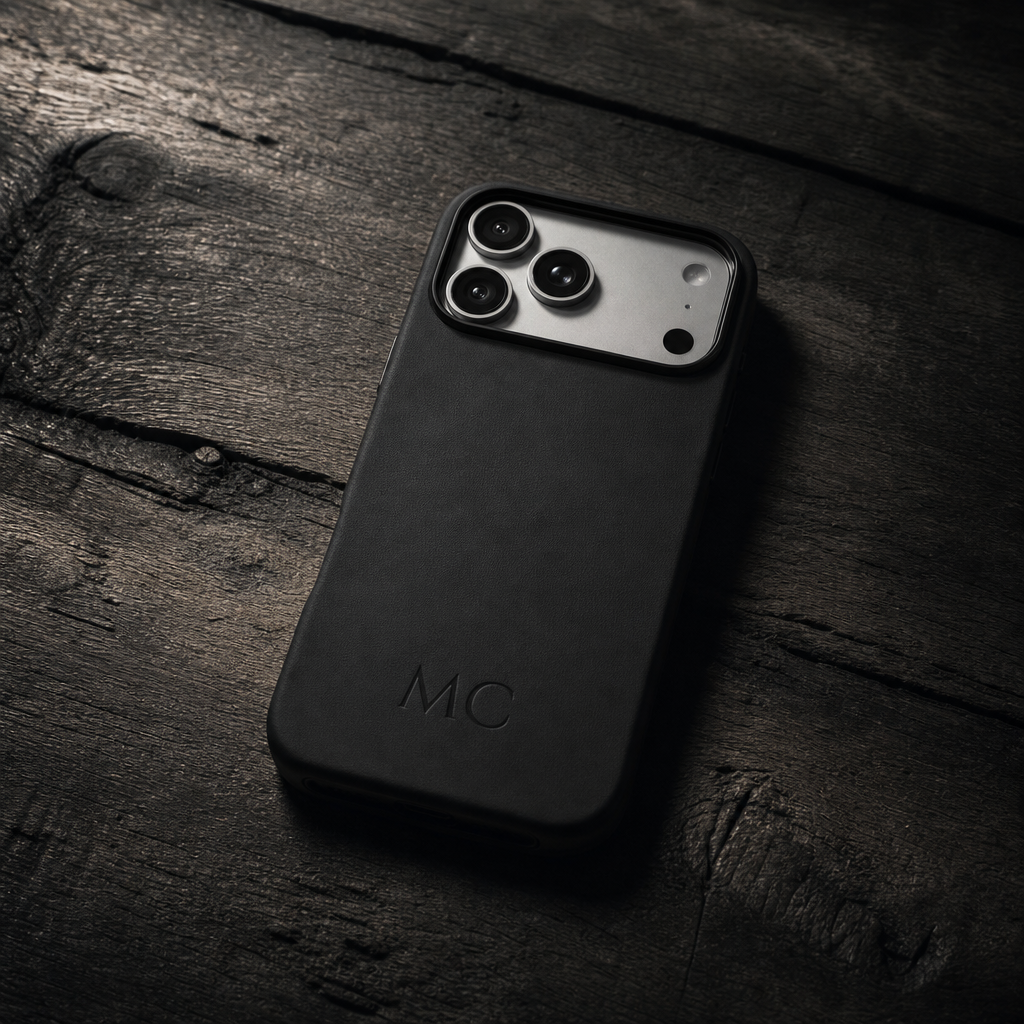 Black Leather iPhone Case | Personalized Initials